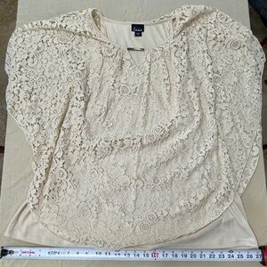 Simply Emma Ivory Short Sleeve Lace Blouse with Keyhole Neck, Floral Pattern, 3X